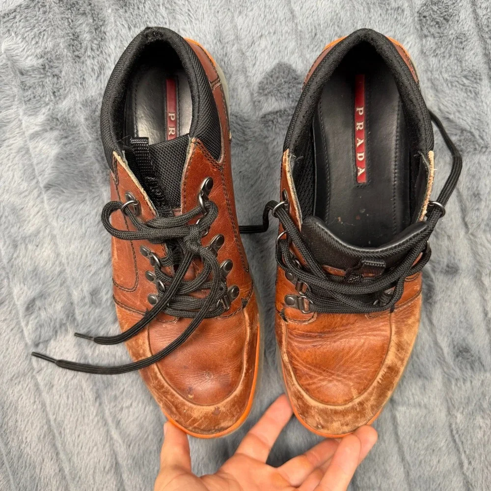 Prada 4E 2282 Hiking Sneaker Mens 8.5 Brown Orange Leather Mesh Mid Top